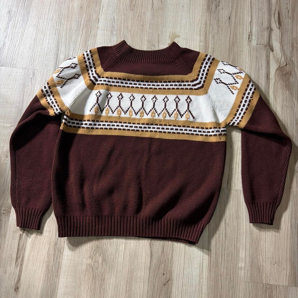 Vintage Montgomery Ward 70s Ski Sweater Brown Geometric Pattern Acrylic XL Women